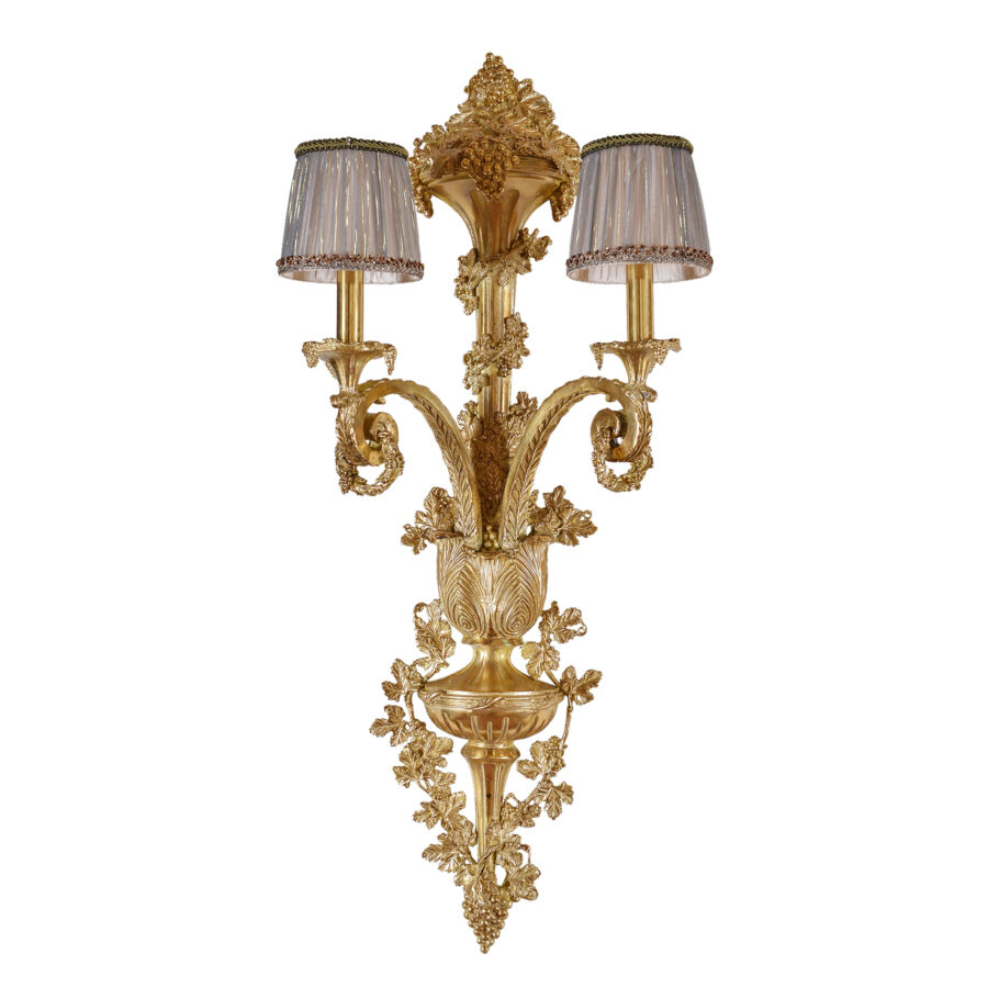 Serafina Baroque Scroll and Leaf Motif Wall Lamp with 2 Lights in Brass with Grey Shades