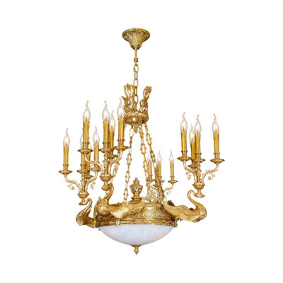 Seraphine Ornate 18-Light Chandelier with Swan Motif in Brass and Opaque Glass Bowl