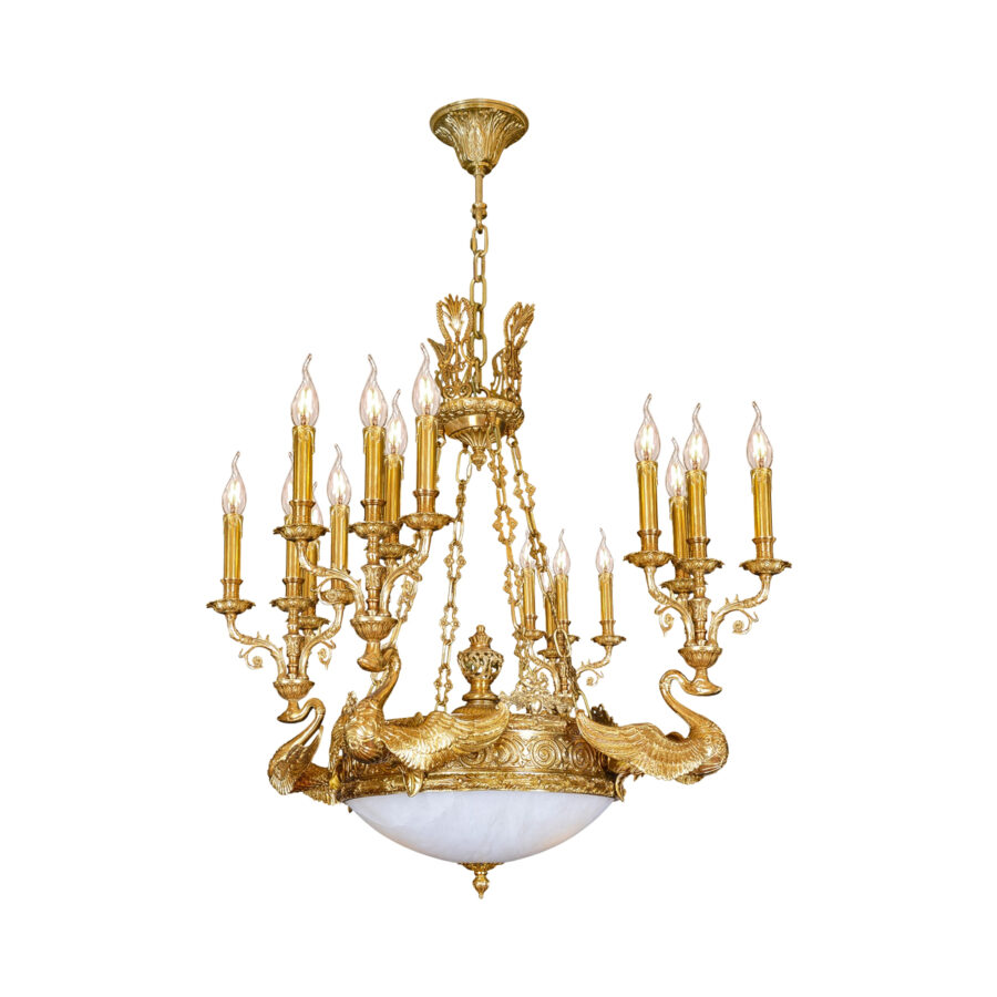 Seraphine Ornate 18-Light Chandelier with Swan Motif in Brass and Opaque Glass Bowl