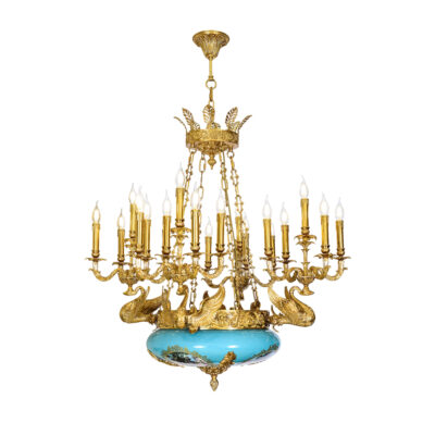 Seraphine Ornate 20-Light Chandelier in Brass with Teal Painted Glass Bowl and Swan Motif