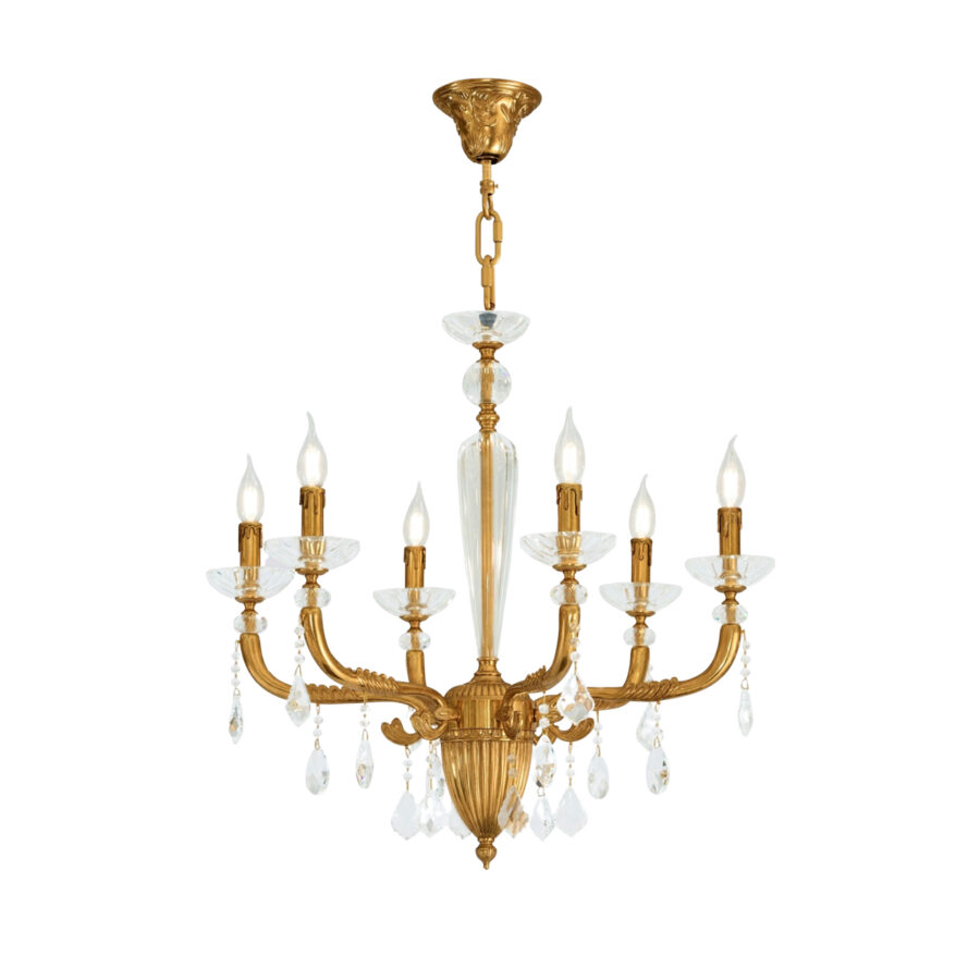 Simone Classic 6-Light Chandelier with Crystal and Glass Detail in Brass