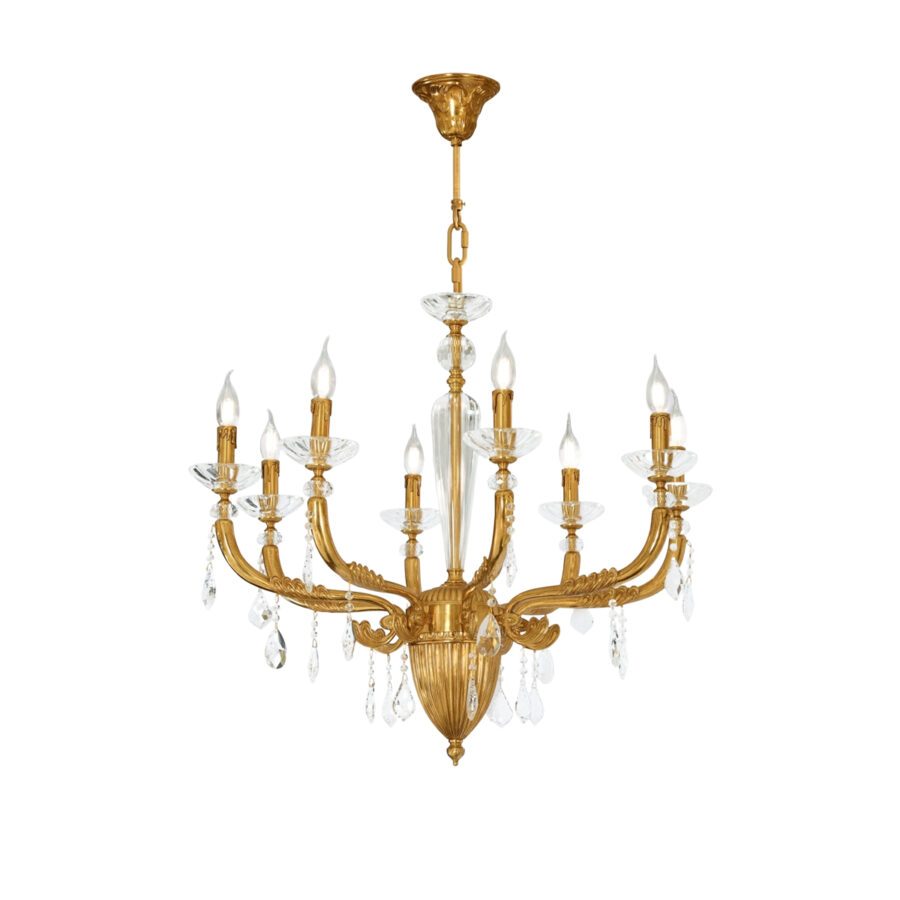 Simone Classic 8-Light Chandelier in Brass and Crystal with Crystal and Glass Detail