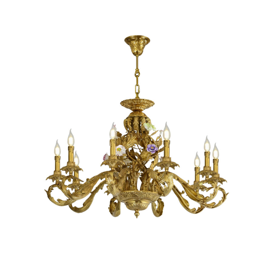 Soleil Ornate Brass Detail 10-Light Chandelier with Porcelain Flower Details in Brass and Ceramics