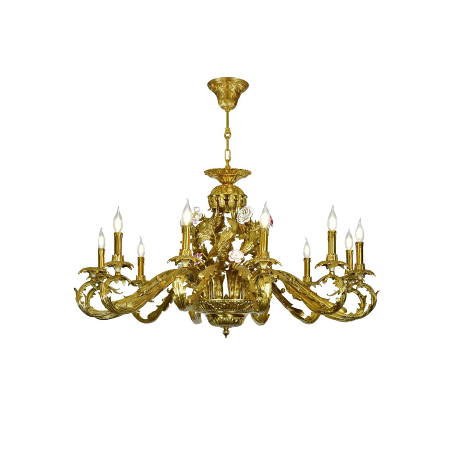 Soleil Ornate Brass Detail 12-Light Chandelier in Brass with Porcelain Flower Details