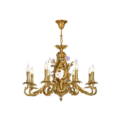 Soleil Ornate Brass 8-Light Chandelier with Porcelain Flower Details in Brass