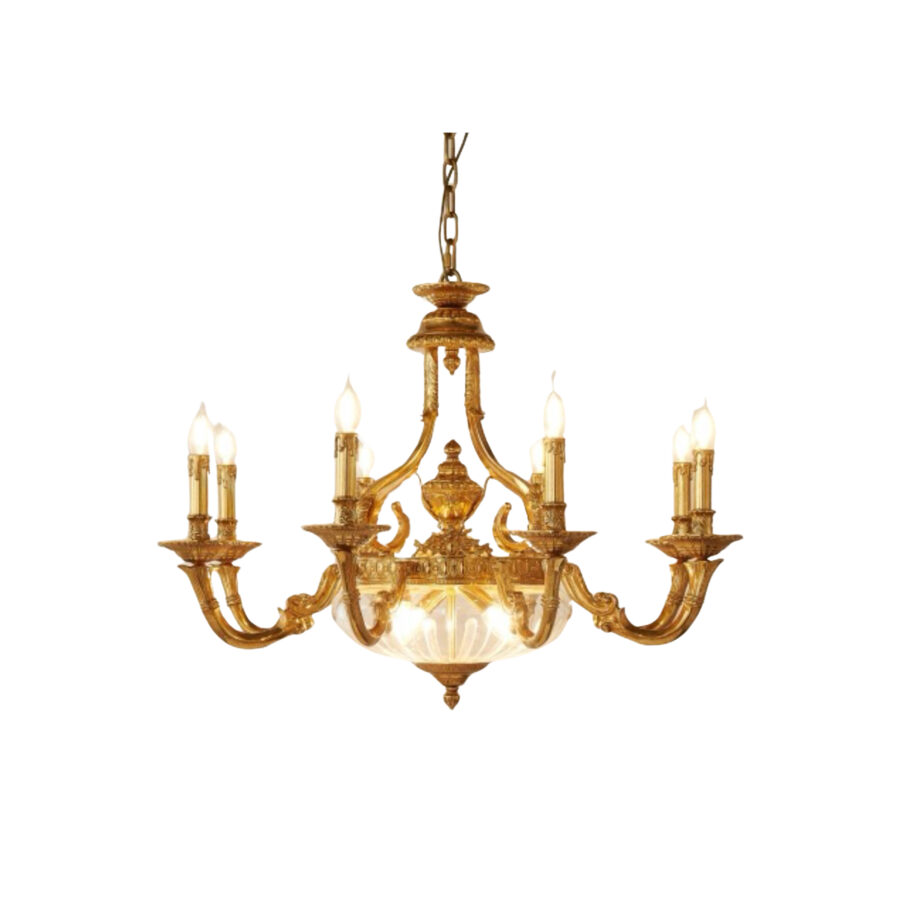 Thérèse Elegance 12-Light Chandelier with Central Glass Bowl and Candle Effect in Luxurious Brass