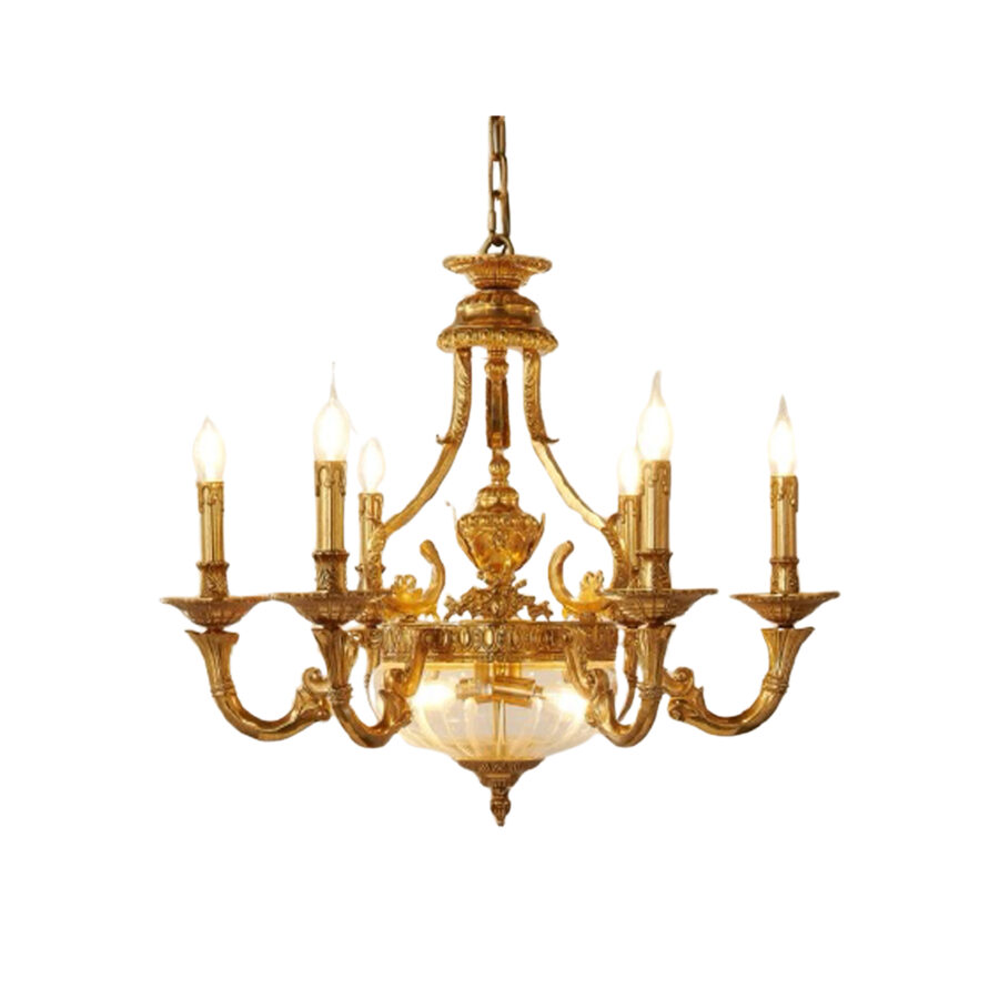 Thérèse Ornate 8-Light Chandelier with Central Glass Bowl and Candle Effect in Brass