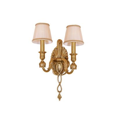 Valencienne Classic Scroll Detail 2-Light Wall Lamp in Brass with Fabric Shade and Loop Motif