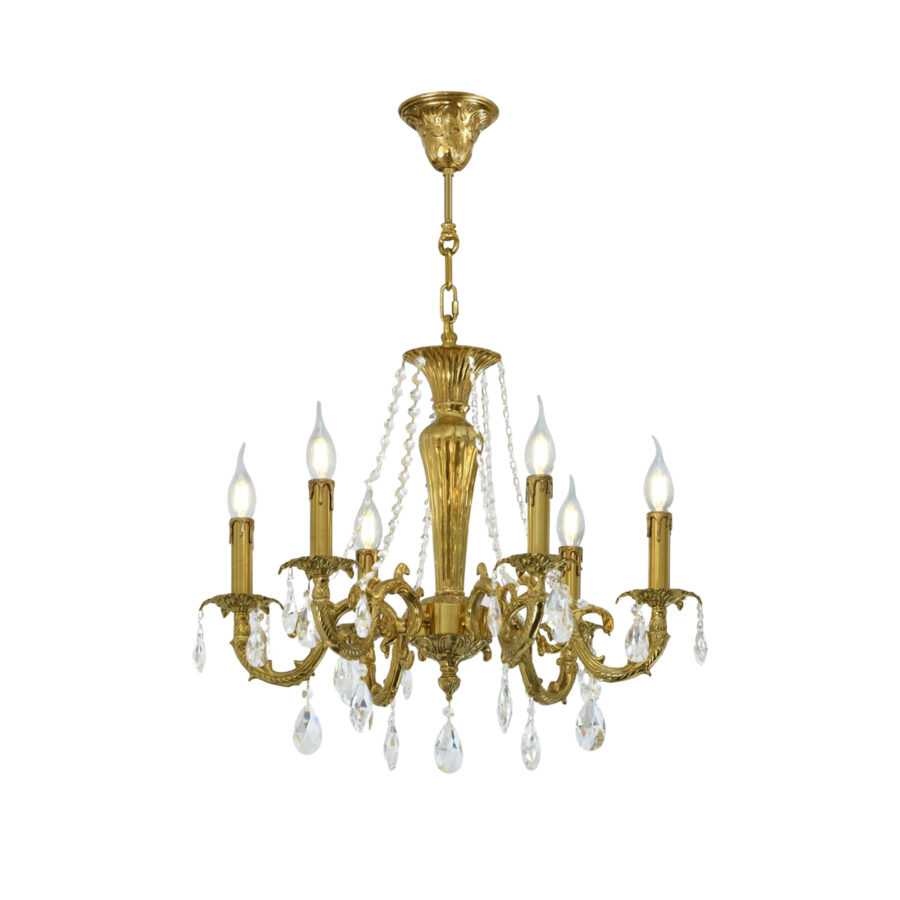 Valeria Elegant 6-Light Chandelier with Brass Arms and Crystal Bead Drape in Candle Effect Brass