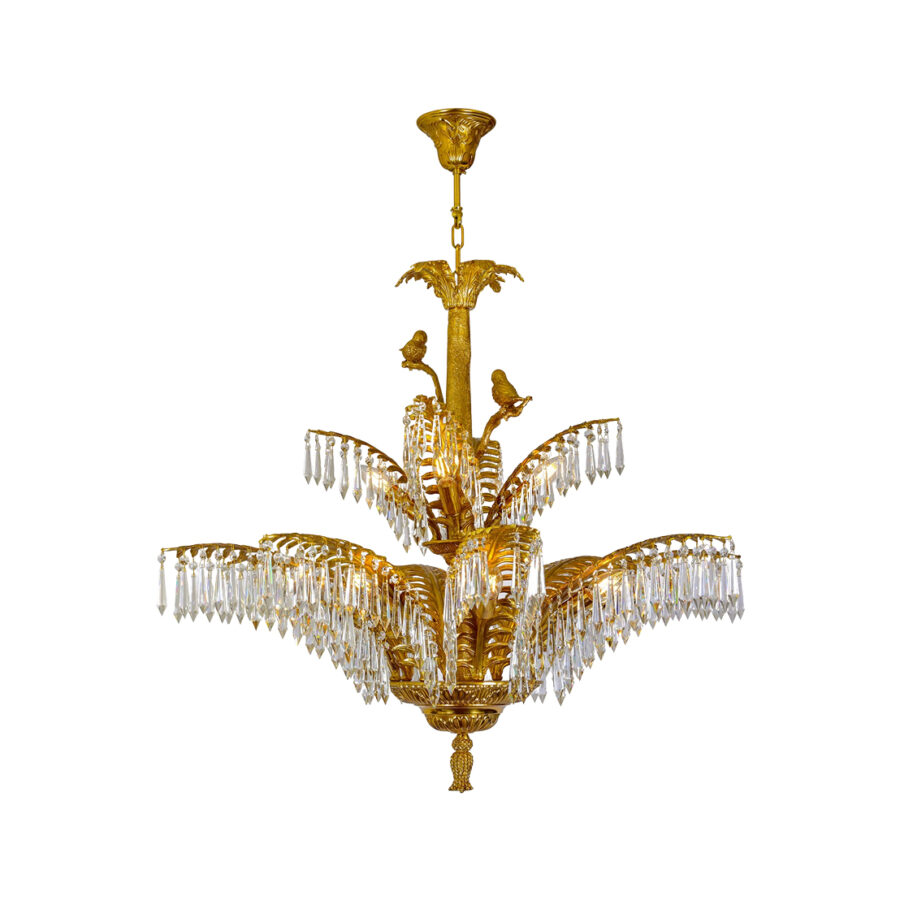 Valérie Ornate Double Tier Chandelier with 12 Crystal Draped Branches and Bird Figurine in Brass