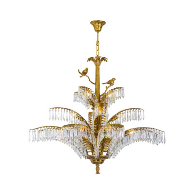 Valérie Ornate 16-Light Chandelier with Crystal Draped Branches and Bird Figurine in Luxe Brass