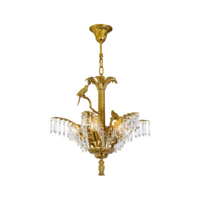 Valérie Ornate 6-Light Chandelier with Crystal Draped Branches and Bird Figurine in Brass