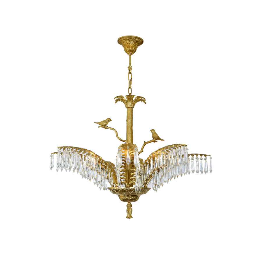 Valérie Ornate 8-Light Chandelier with Crystal Draped Branches and Bird Figurine in Brass