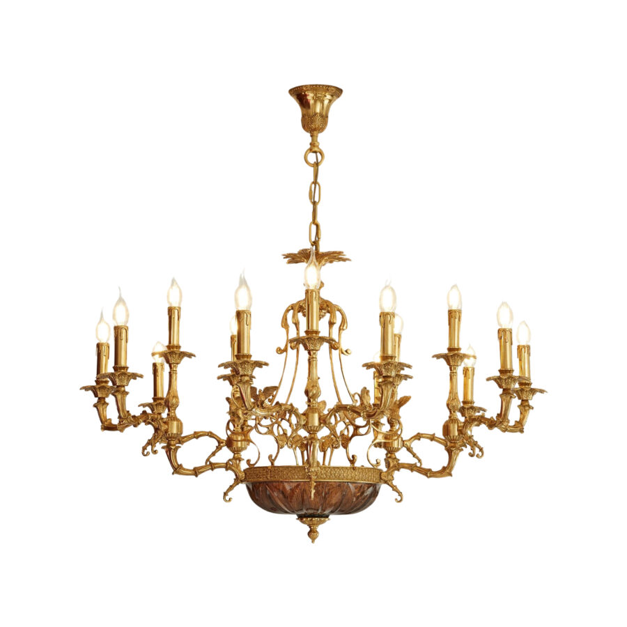 Victoire Ornate 15-Light Chandelier with Bird Motif in Brass and Amber Glass Bowl featuring Candle Effect