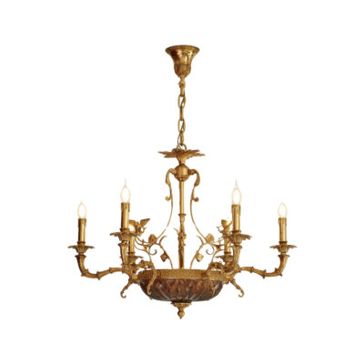 Victoire Ornate 6-Light Chandelier in Brass with Bird Motif and Amber Glass Bowl