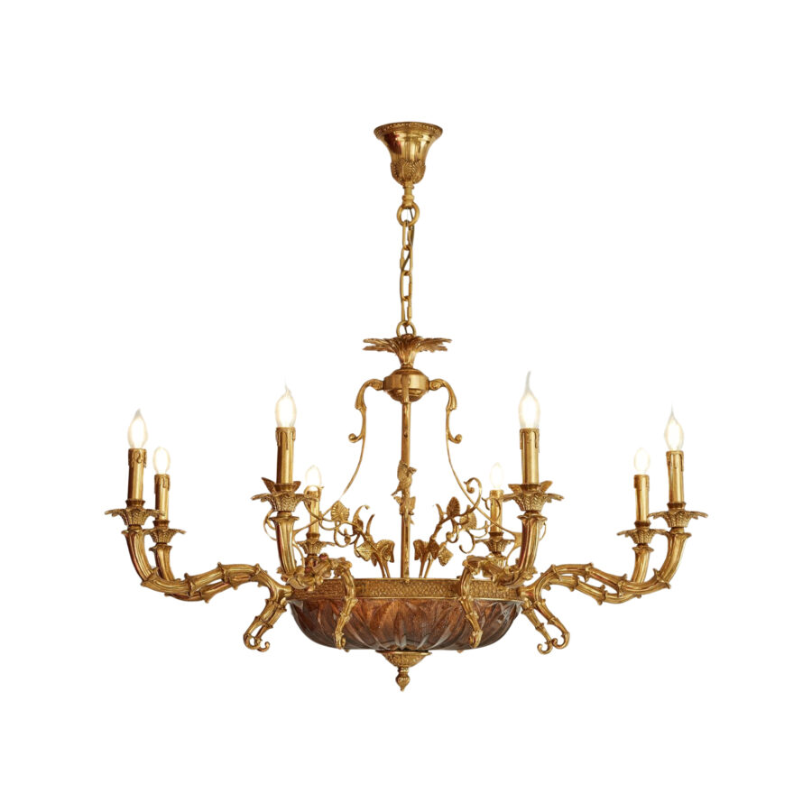 Victoire Elegance 8-Light Chandelier with Bird Motif in Brass with Amber Glass Bowl