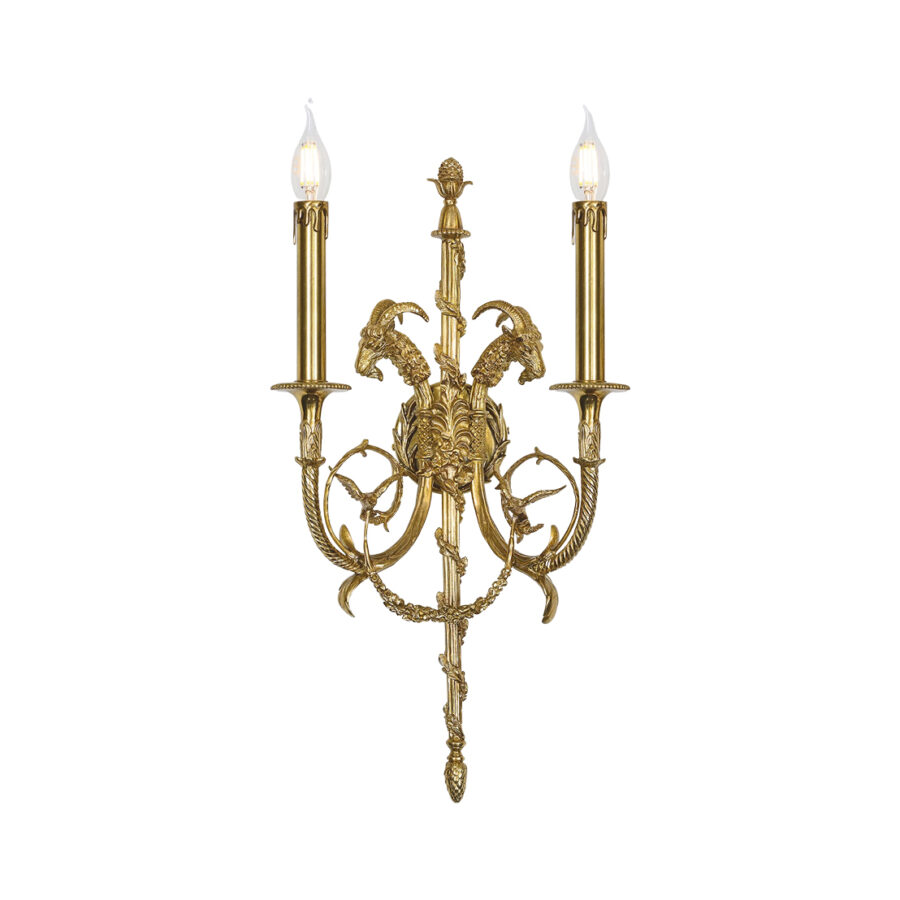 Vivienne Classic Double Wall Lamp in Rams Head Ornate Brass Detail