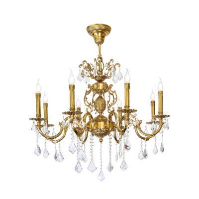 Viviette Opulent 8-Light Chandelier in Brass with Crystal Draped Details and Brass Carved Orb.