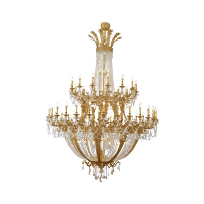 Zaira Grand Classic 73-Light Chandelier in Brass and Crystal Drape Luxury