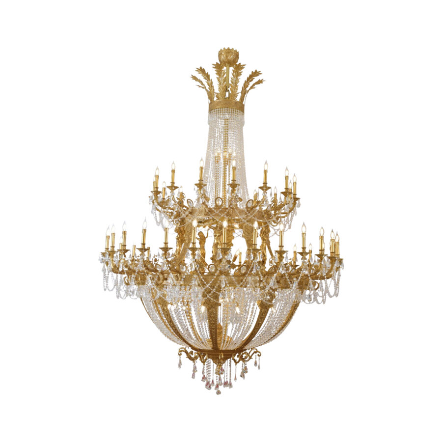 Zaira Grand Classic 73-Light Chandelier in Brass and Crystal Drape Luxury