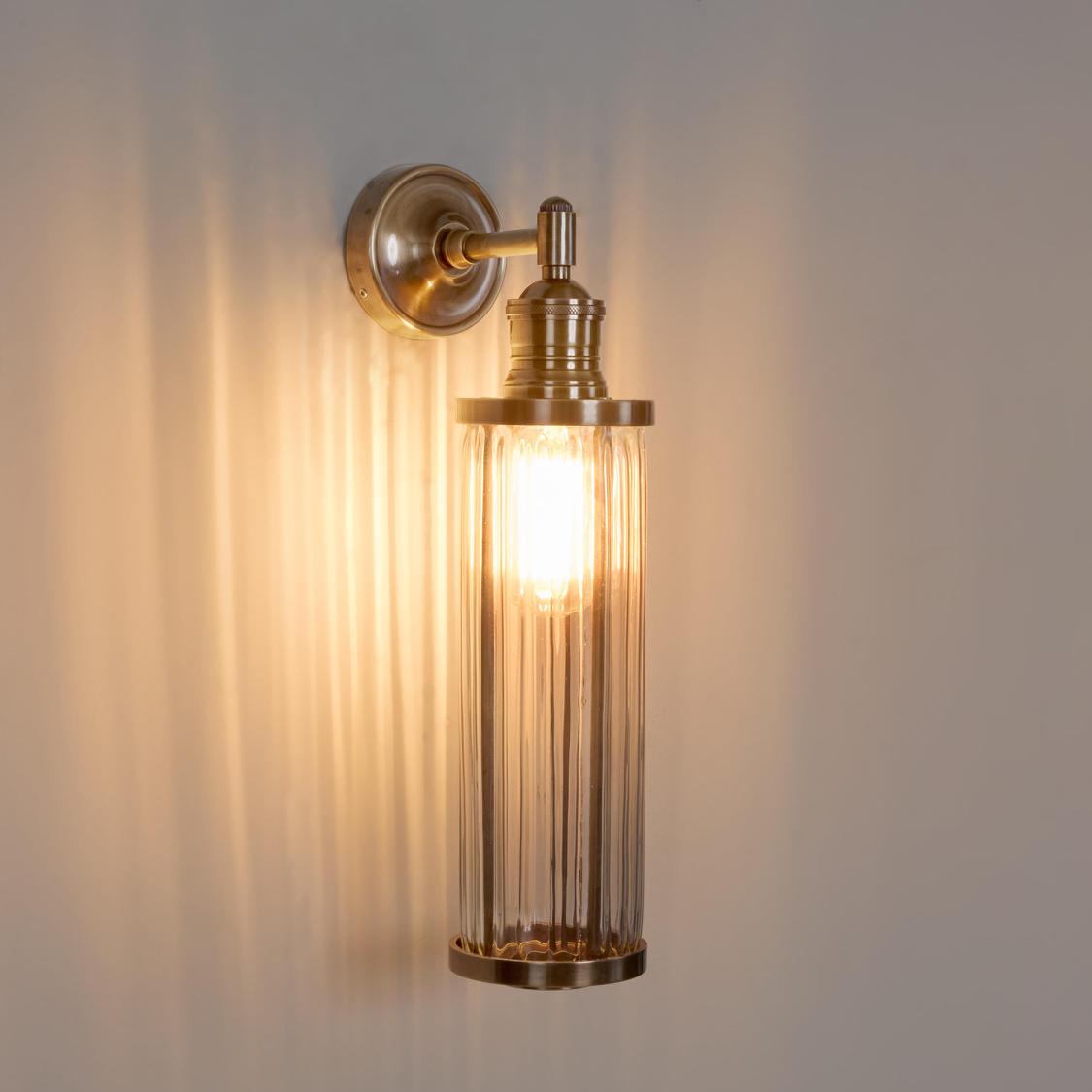 Bannister Hamptons Ribbed Glass Outdoor Wall Light Antique Brass