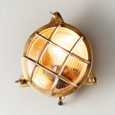 Lakeside Heritage Round Caged Brass Outdoor Wall Light