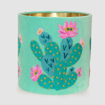 Cactus Grove Embroidered Velvet Drum Lamp Shade Teal