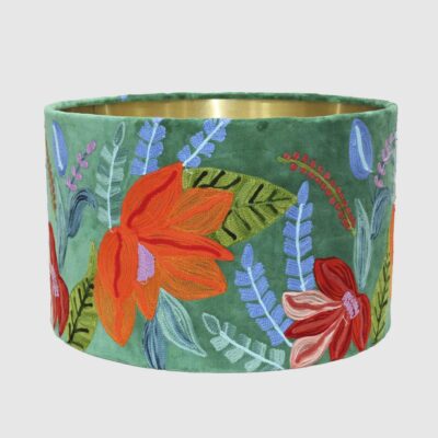Hardwick Hamptons Drum Lamp Shade Forest Green Floral Embroidery