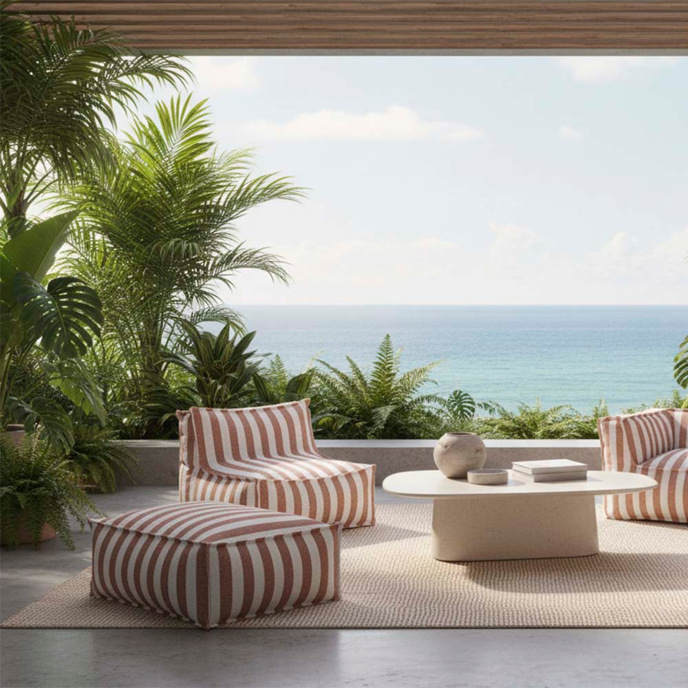 Adelong Chaise Hamptons Striped Low-Slung Outdoor Sofa in Beige and White Adelong Chaise Hamptons Striped Low-Slung Outdoor Sofa in Beige and White