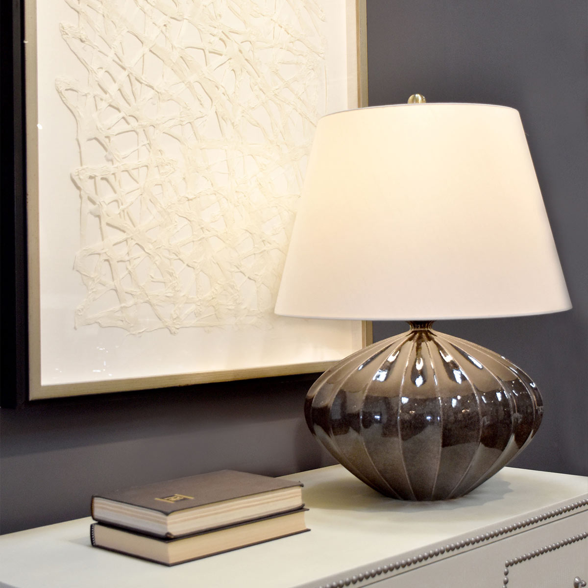 Amber Gourd Fluted Ceramic Table Lamp Brown and Black Amber Gourd Fluted Ceramic Table Lamp Brown and Black — in situ view