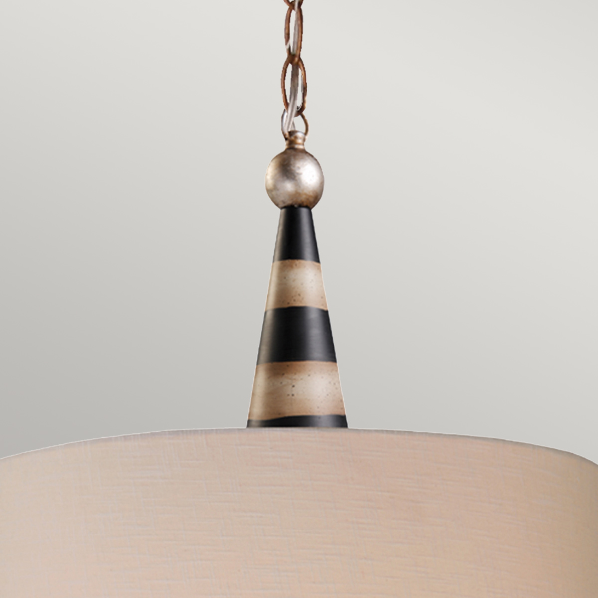 Ashcastle Striped Drum Pendant Light in Black and Cream with Taupe Linen Shade Ashcastle Striped Drum Pendant Light in Black and Cream with Taupe Linen Shade — detail view