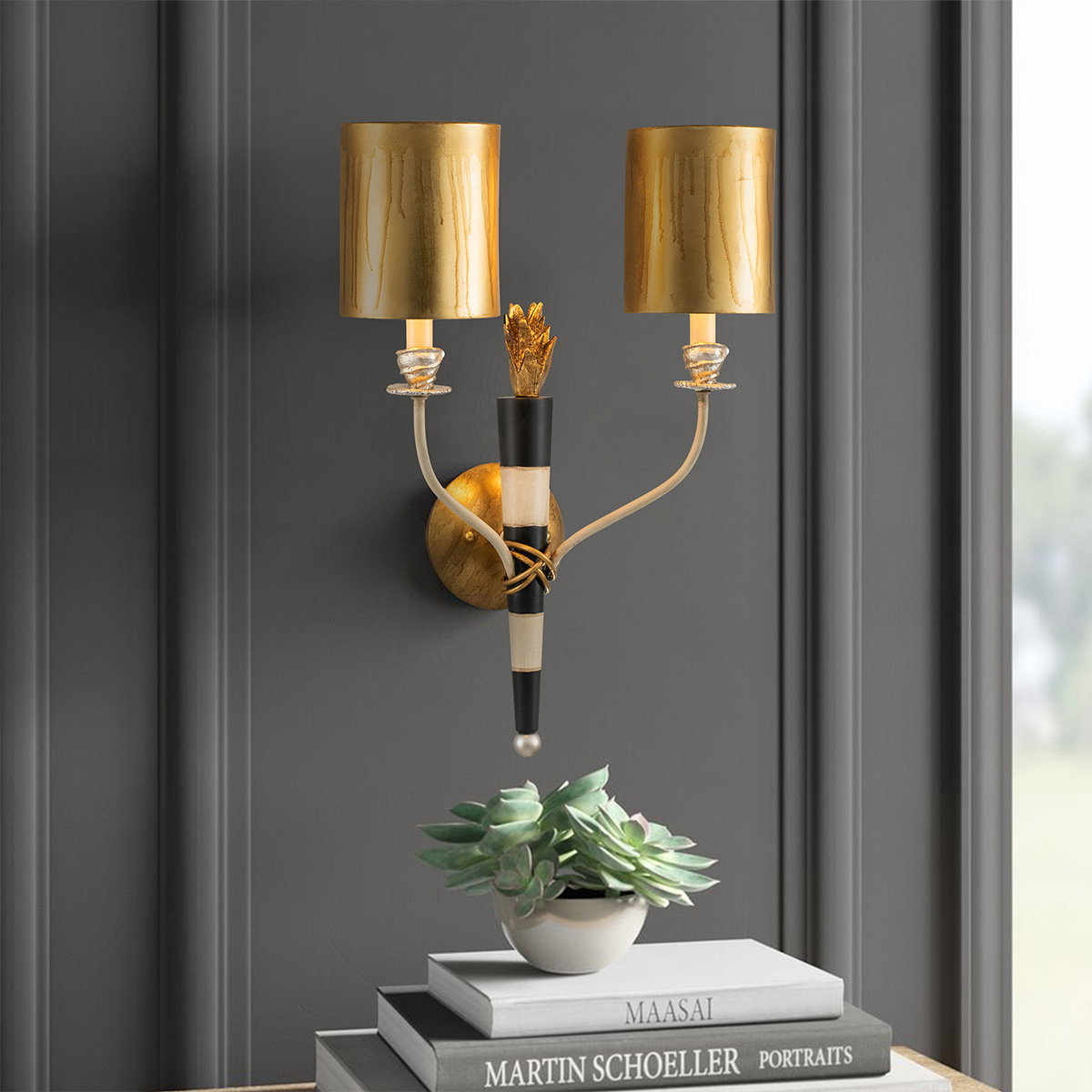 Ashcastle Twin Arm Wall Light Gold and Black with Parchment Shades Ashcastle Twin Arm Wall Light Gold and Black with Parchment Shades — in situ view