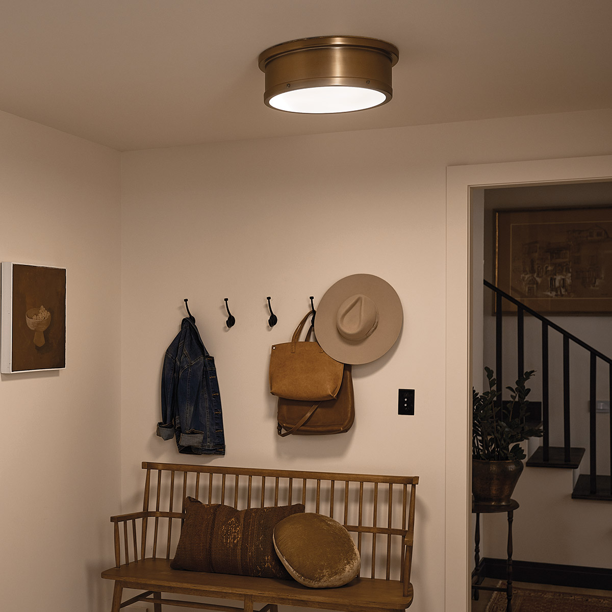 Ashvale Circle Large Drum Flush Ceiling Light Brushed Natural Brass Ashvale Circle Large Drum Flush Ceiling Light Brushed Natural Brass — in situ view