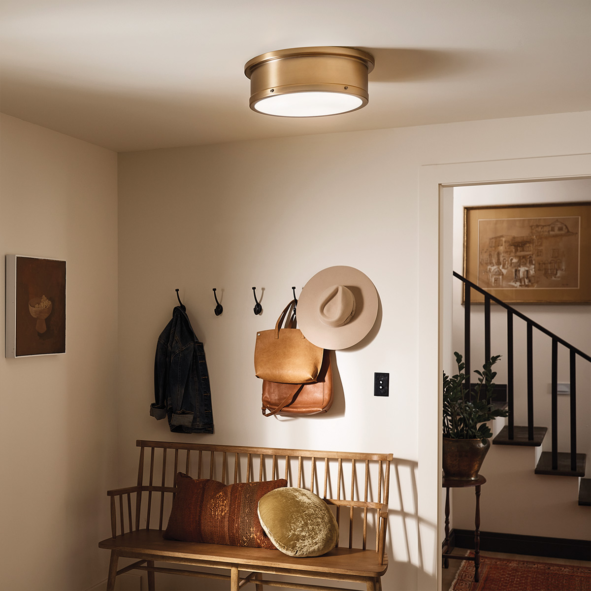 Ashvale Circle Large Drum Flush Ceiling Light Brushed Natural Brass Ashvale Circle Large Drum Flush Ceiling Light Brushed Natural Brass — in situ view