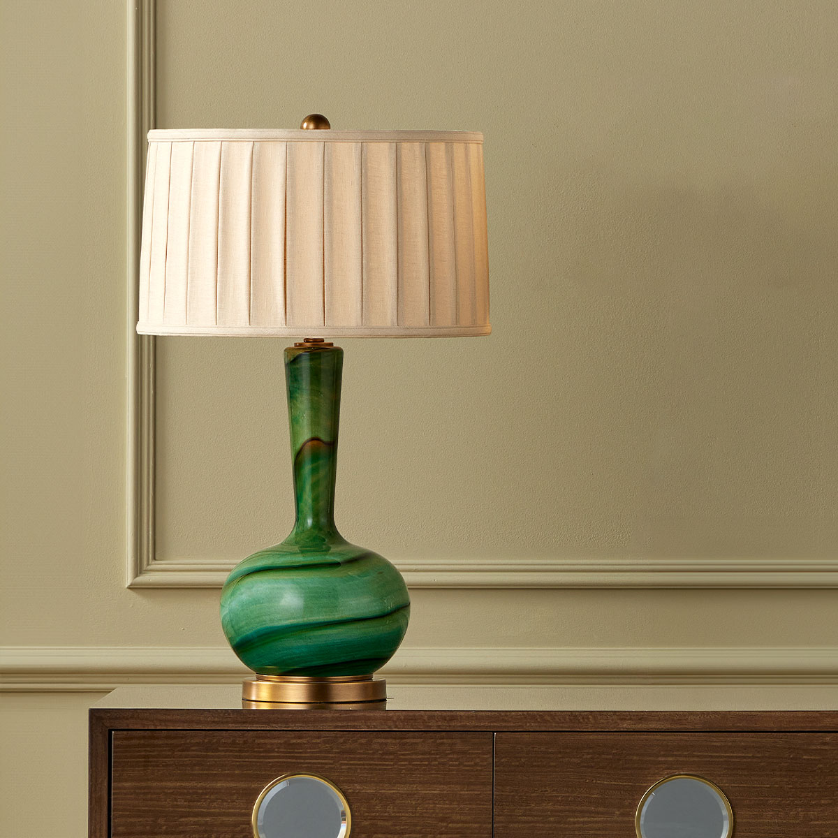 Averney French Provincial Table Lamp Green Marbled Glass Antique Brass Averney French Provincial Table Lamp Green Marbled Glass Antique Brass — in situ view