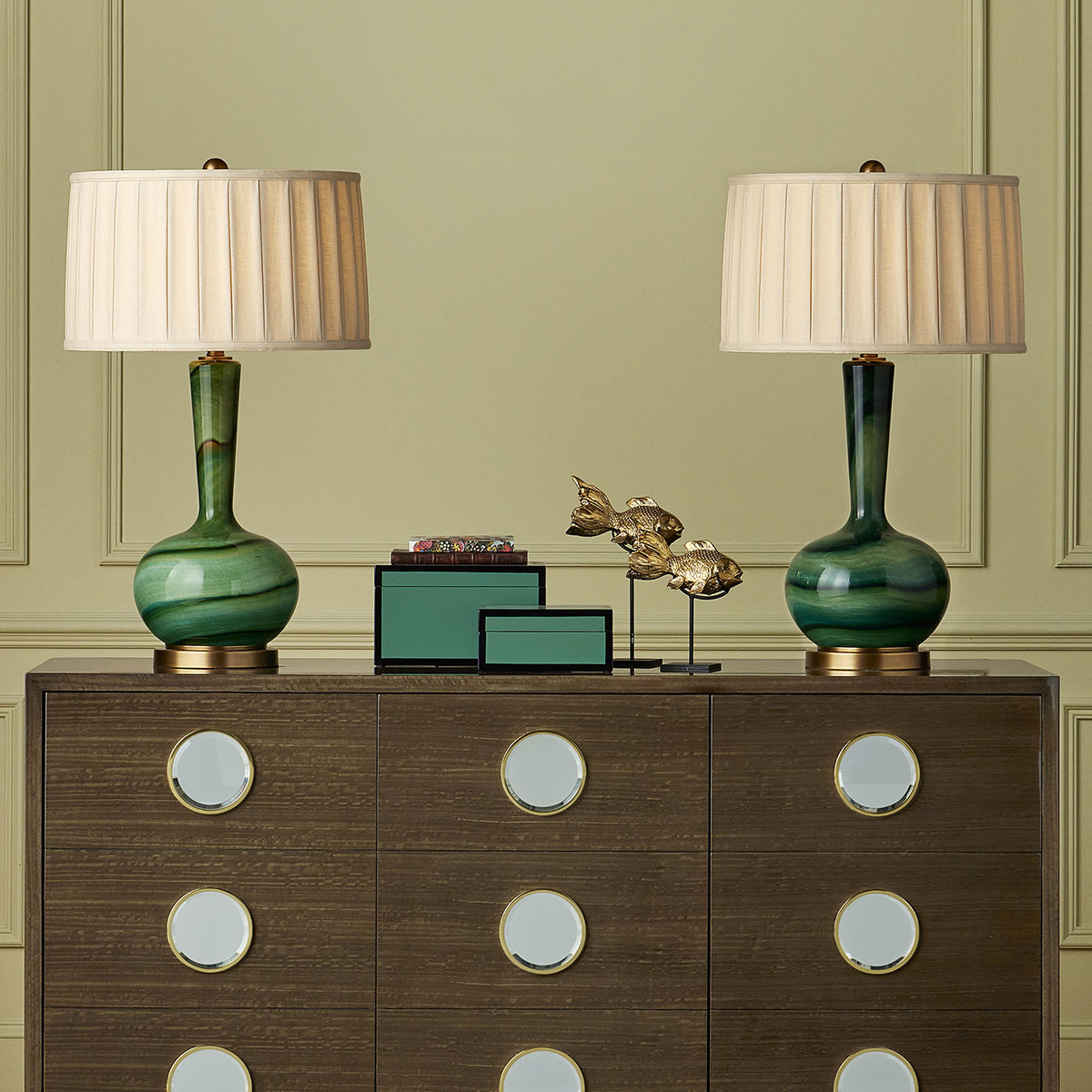 Averney French Provincial Table Lamp Green Marbled Glass Antique Brass Averney French Provincial Table Lamp Green Marbled Glass Antique Brass — in situ view