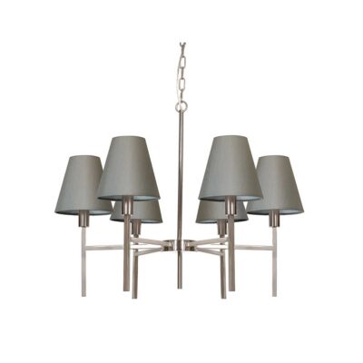 Avonlea Hamptons Six Light Chandelier Brushed Nickel with Grey Shades