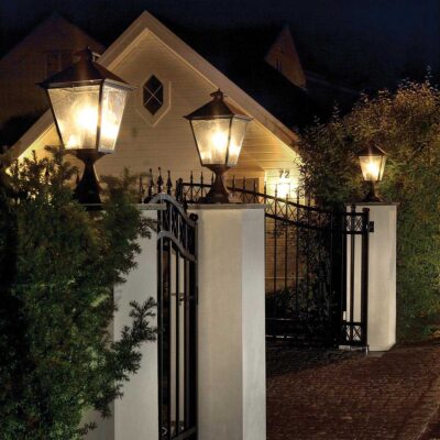 Belcourt Grande Traditional Pedestal Lantern Black — in situ view