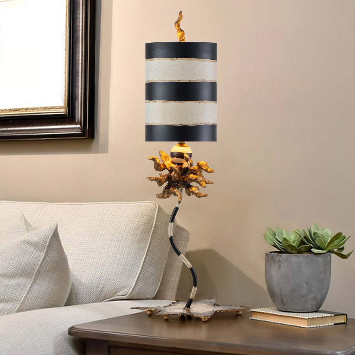 Belfontaine Sculptural Table Lamp Gold Leaf and Black Stripe Belfontaine Sculptural Table Lamp Gold Leaf and Black Stripe — in situ view