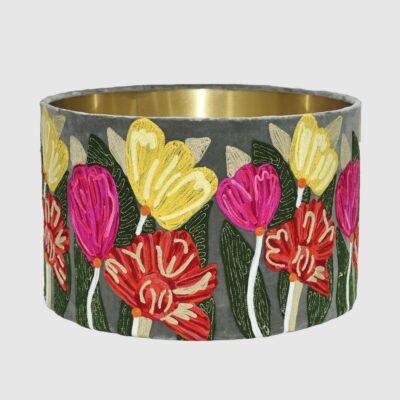 Belford Tulip Embroidered Drum Lampshade Grey Velvet