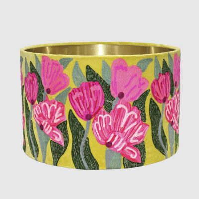 Belford Tulip Embroidered Velvet Drum Lamp Shade Yellow