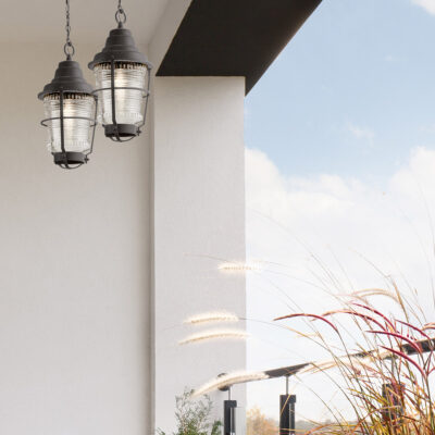 Bellcove Harbor Hamptons Chain Lantern Weathered Zinc — in situ view