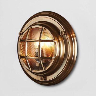 Bellingham Nautical Round Caged Brass Outdoor Wall Light