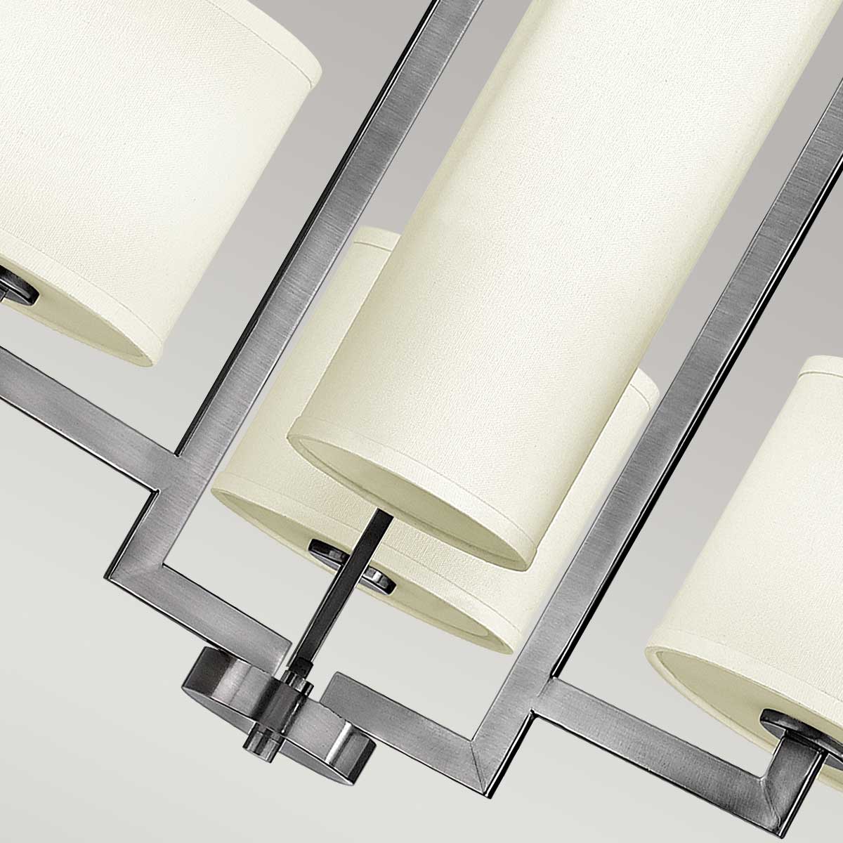Bellport Hamptons Chandelier Antique Nickel with Ivory Linen Shades Bellport Hamptons Chandelier Antique Nickel with Ivory Linen Shades — detail view