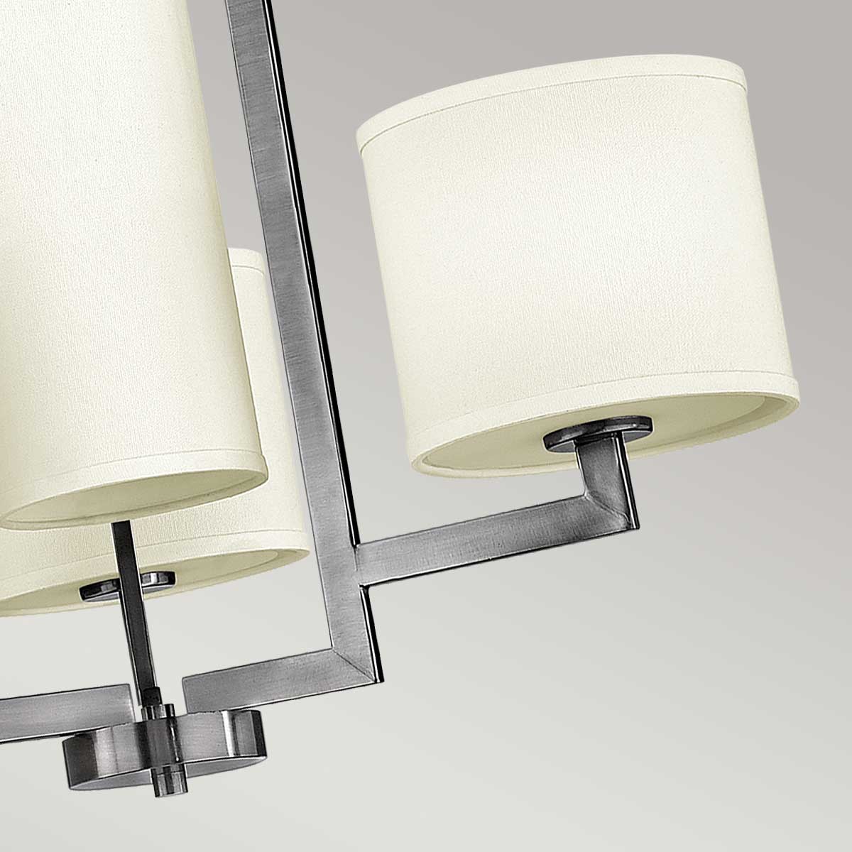 Bellport Hamptons Chandelier Antique Nickel with Ivory Linen Shades Bellport Hamptons Chandelier Antique Nickel with Ivory Linen Shades — detail view