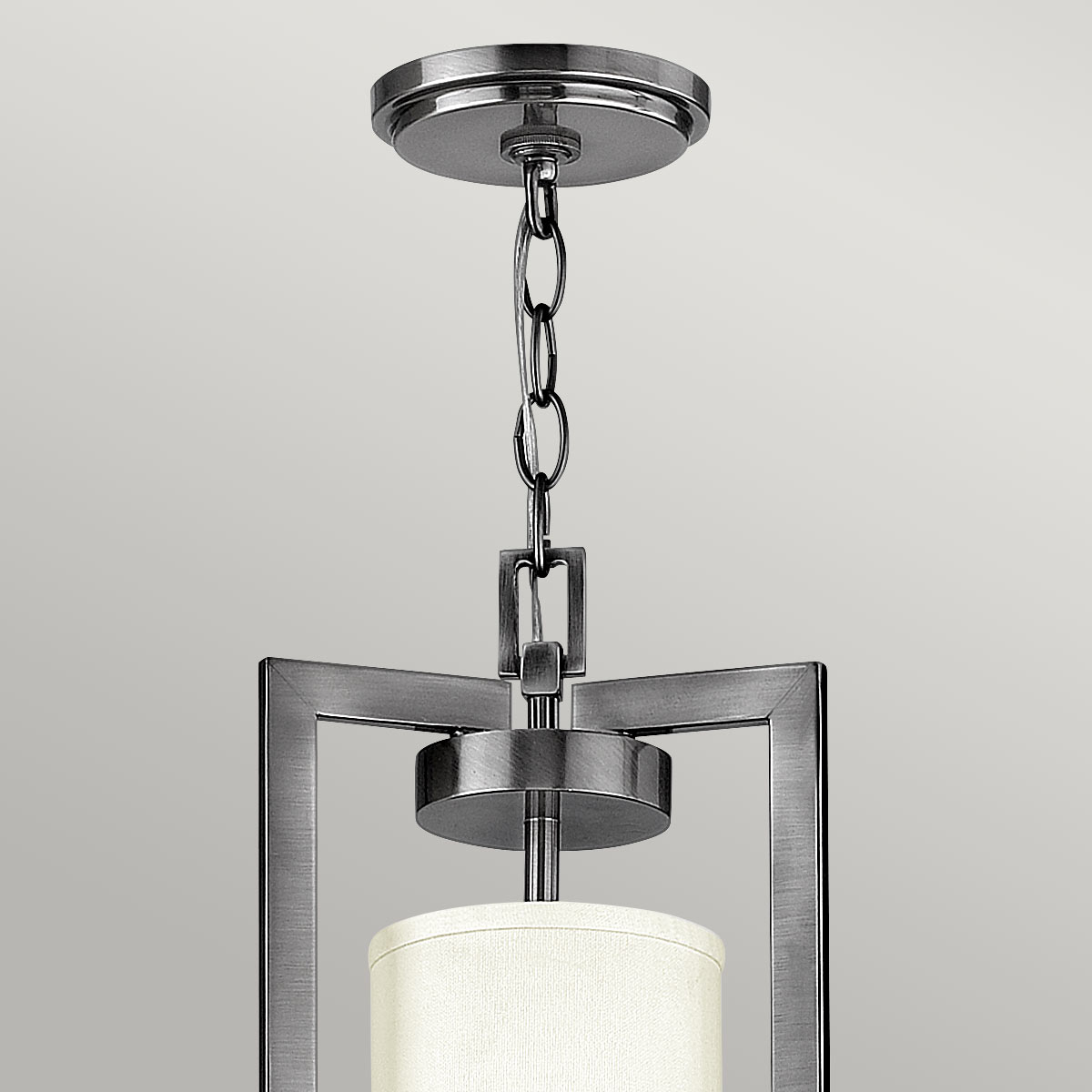 Bellport Hamptons Chandelier Antique Nickel with Ivory Linen Shades Bellport Hamptons Chandelier Antique Nickel with Ivory Linen Shades — detail view