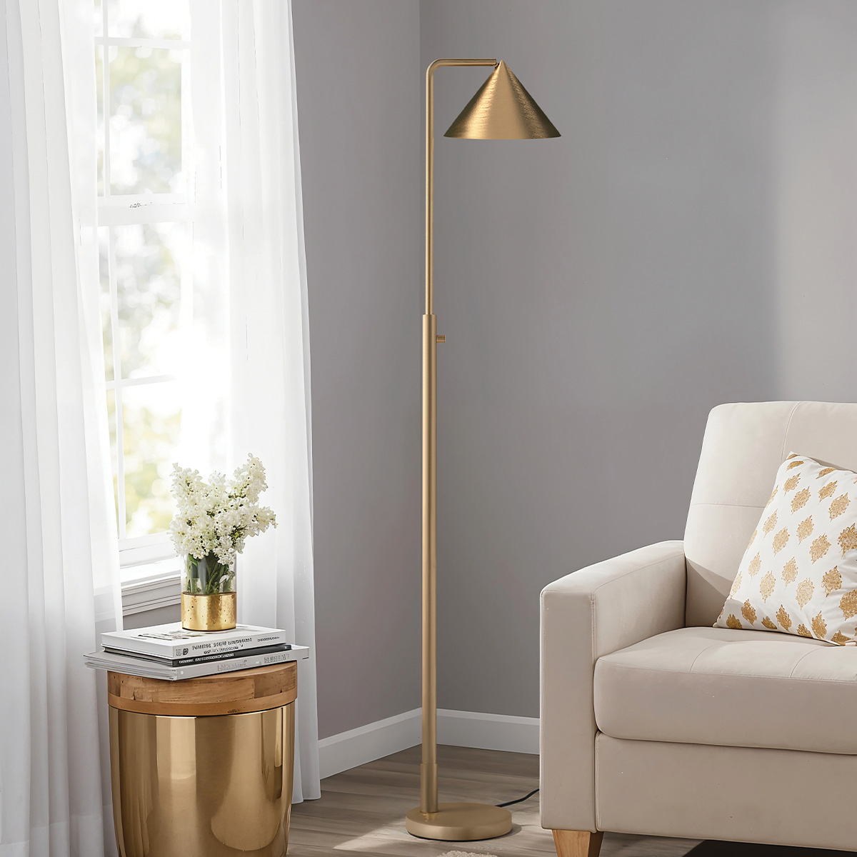 Blackthorn Matte Contemporary Floor Lamp Brushed Gold Blackthorn Matte Contemporary Floor Lamp Brushed Gold — in situ view