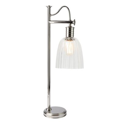 Brackenfield Industrial Table Lamp in Polished Nickel with Ribbed Glass Shade