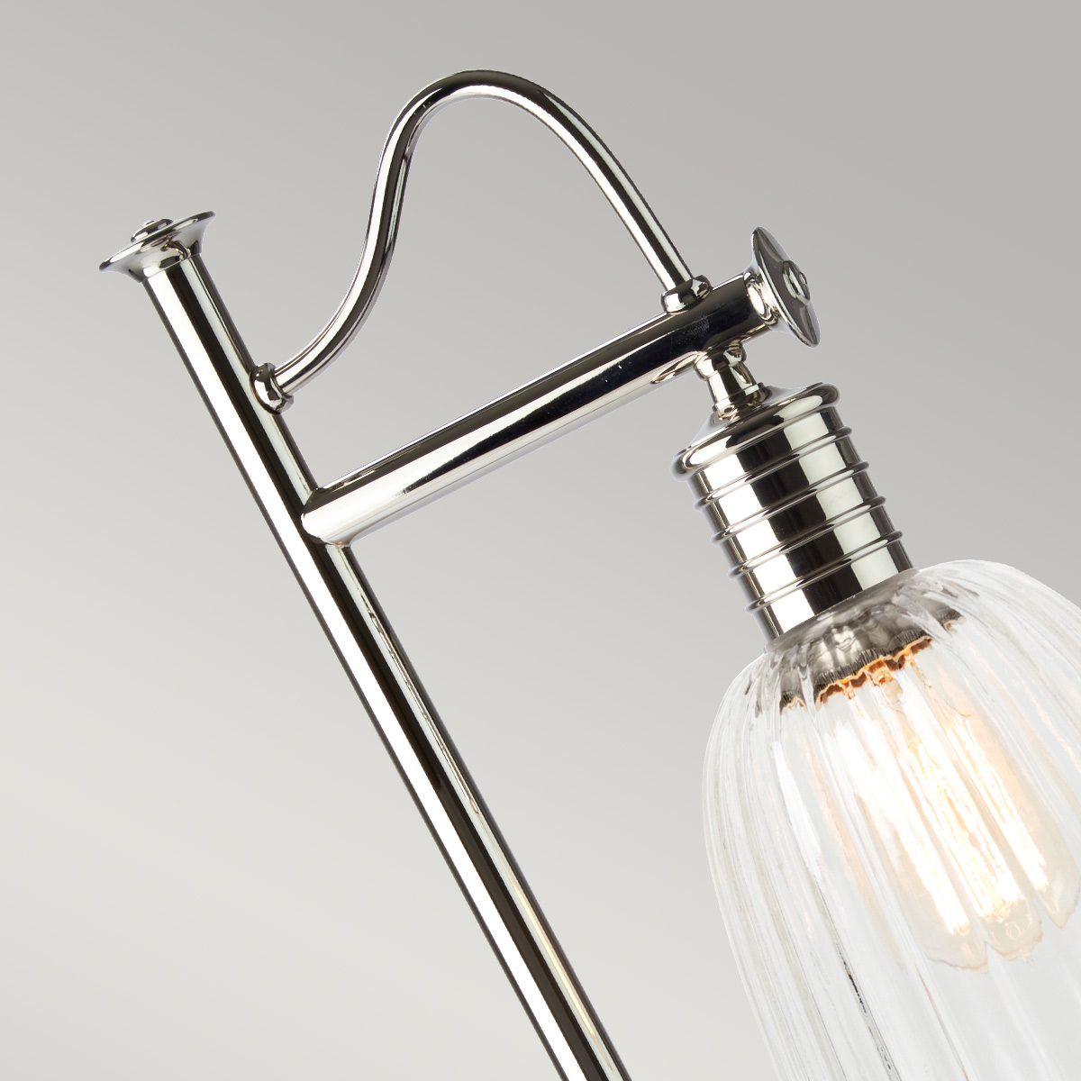 Brackenfield Industrial Table Lamp in Polished Nickel with Ribbed Glass Shade Brackenfield Industrial Table Lamp in Polished Nickel with Ribbed Glass Shade — detail view