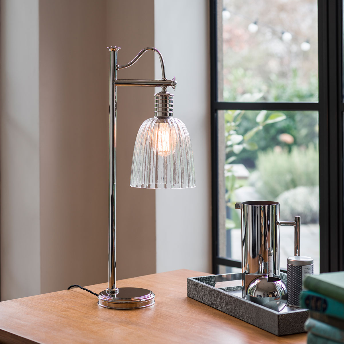 Brackenfield Industrial Table Lamp in Polished Nickel with Ribbed Glass Shade Brackenfield Industrial Table Lamp in Polished Nickel with Ribbed Glass Shade — in situ view